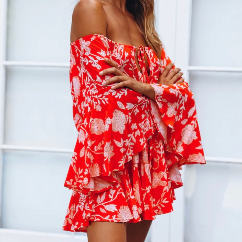 Hello Molly Red Floral Off-Shoulder Romper - Picture 2 of 3